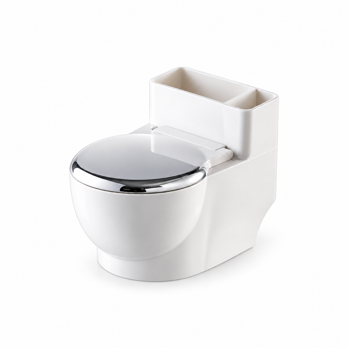 Silver toilet-shaped cat water bowl with lid closed